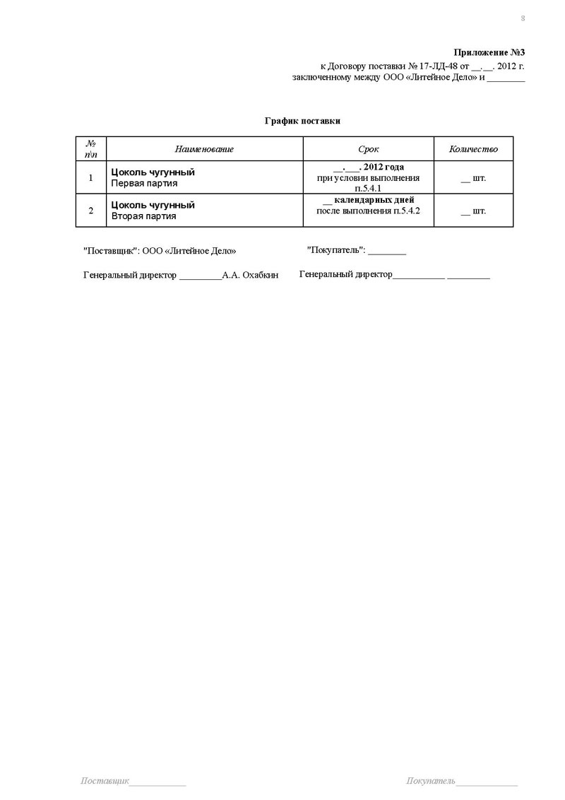 Спецификация приложение к договору поставки образец