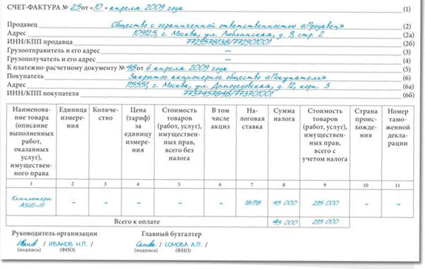 Как выглядит счет фактура на аванс образец